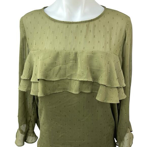 Dorothy Perkins Women's Olive Green Metallic Chiffon Ruffle Blouse Top Size 12 - Picture 3 of 5